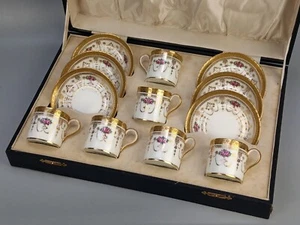Brown Westhead Cauldon Rose Garlands Gilt Border Porcelain Coffee Set in Case - Picture 1 of 17