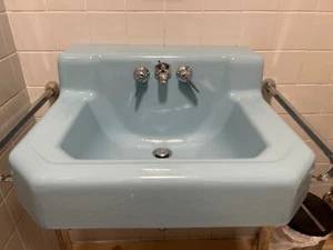 vintage blue bathroom sink with faucets  - Picture 1 of 2