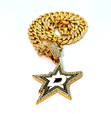 COLAR DE PEDRAS PRECIOSAS DALLAS STARS Gold Bling NHL pingente de hóquei hip hop e corrente 20" - Imagem 1 de 4