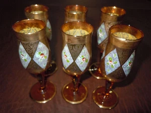 6 Vintage Floral Gold Brass Color Plated Miniature Wine Goblets Champaign - Picture 1 of 11