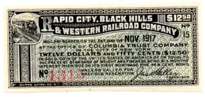 OBSOLETE 1917 RAPID CITY, BLACK HILLS & WESTERN RAILROAD Co. BOND $12.50 SDakota - Picture 1 of 9