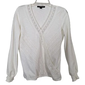 Boston Proper V neck long sleeve faux wrap front white blouse with lace Sz S - Picture 1 of 11