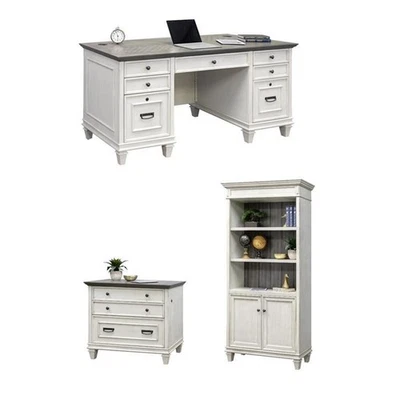 Bowery Hill Juego de 3 Escritorio y Librería Doble Pedestal con Puertas y Archivador Foto 1 de 4