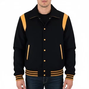 Varsity Letterman Black Wool & Gold leather Stripes Bomber Retro Vintage Jacket - Picture 1 of 8