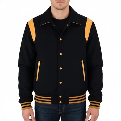 Varsity Letterman Black Wool & Gold leather Stripes Bomber Retro Vintage Jacket - Image 1 of 2