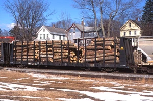 Original Slide: GMRC 10799, Green Mountain 71' Bulkhead Pulpwood Flat Car W/Load - Picture 1 of 1