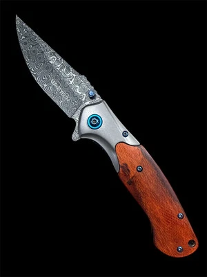 8" DAMASCUS ETCHED Spring Assisted Open Folding POCKET Knife Natural WOOD Handle - Image 1 of 4