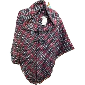 St. John's Bay Plaid Cape Poncho with Toggle Closure Red Black White One Size - Picture 1 of 5