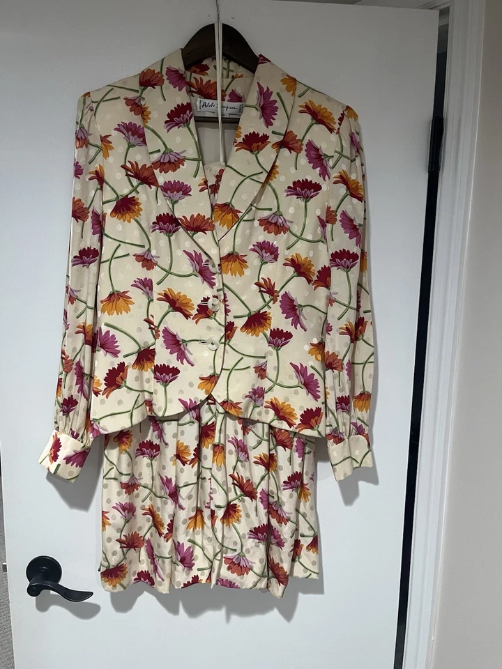 Conjunto de 2 piezas falda y blazer floral vintage años 50 Adele Simpson 100 % seda para mujer 12 Foto 1 de 4