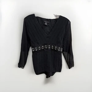 Vintage Spencer Jeremy Blouse Womens SzPL Silk Top Black LongSleeve Sheer Beaded - Picture 1 of 12