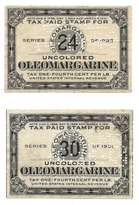 Set of 2 Uncolored Oleomargarine Tax Paid Stamps-24 lb & 30 lb-Perfin-SPIFS - Picture 1 of 5