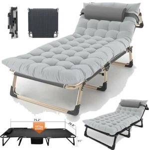 Folding Camping Cot for Adults Bed Reclining Folding Patio Lounge Chair w/Pillow - Picture 1 of 14