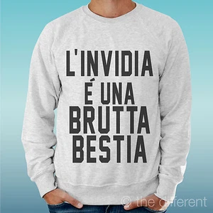 FELPA UOMO LEGGERA SWEATER GRIGIO CHIARO GREY "L'INVIDIA E UNA BRUTTA BESTIA " - Picture 1 of 1