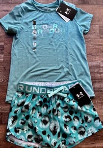 Neu mit Etikett Under Armour YXL Mädchen türkis/aqua/schwarz/grau bedruckte Shorts Set - Bild 1 von 5