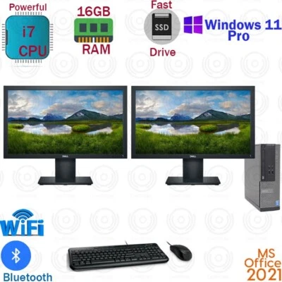 Windows 11 Dell i7 16GB RAM 500GB SSD DUAL 22" LCD Desktop Computer PC Office21 - Image 1 of 4