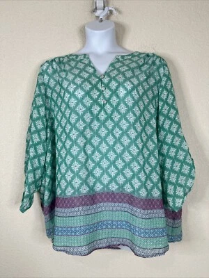 Top Faded Glory para mujer talla grande 3X colorido mosaico rayas cuello en V manga 3/4 Foto 1 de 4