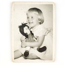 Happy Girl Holding Doll Photo 1950s Vintage Plush Toy Child Portrait Art C2467