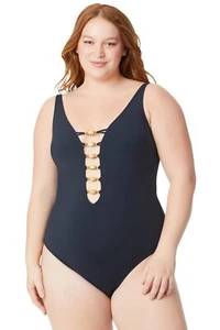 Bleu Rod Beattie Lace Down Over The Shoulder One-Piece Swimsuit Size 16W Black - Picture 1 of 3