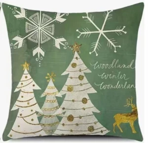 Winter Trees Deer Green Christmas Throw Pillow Cover 18x18” Holiday Home Decor - Picture 1 of 4