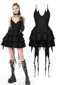 DARK IN LOVE Women Black Gothic Devil High-Low Frilly Strap Short Party Dress - Bild 1 von 20