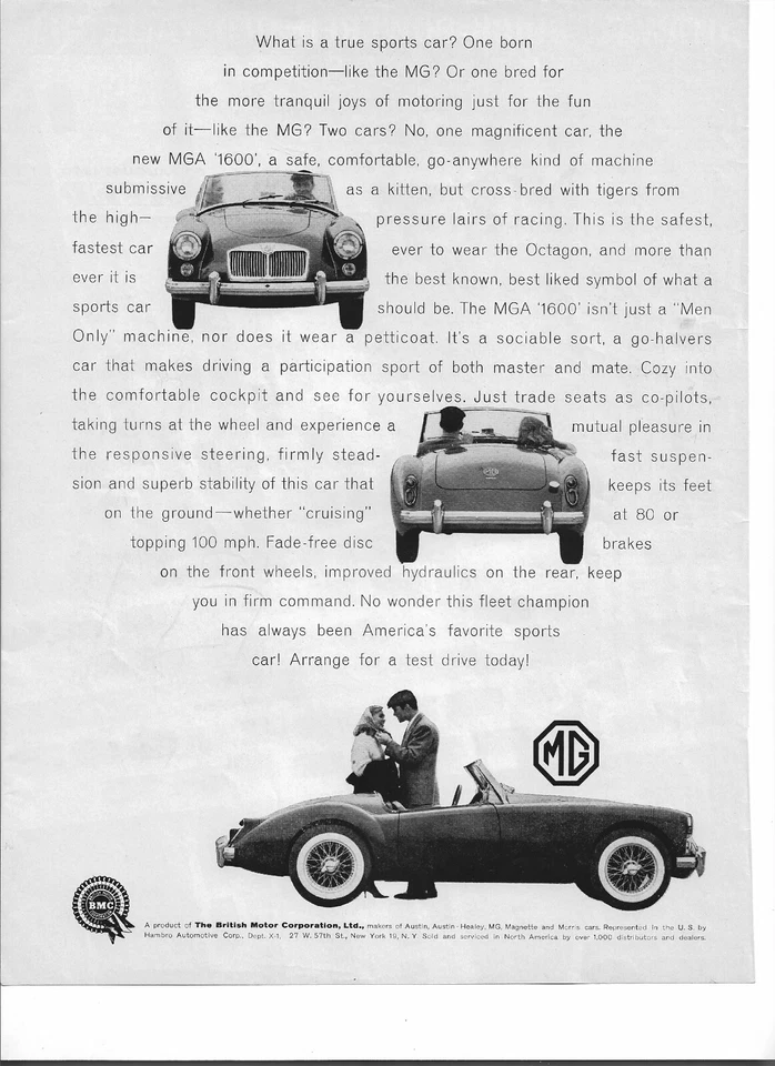 Anuncio impreso original 1960 MG MGA vintage: "¿Qué es un verdadero automóvil deportivo?"    BMC Foto 1 de 1