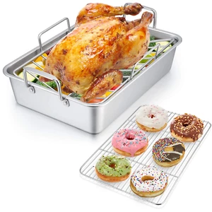 Roasting Pan, 14 Inch Stainless Steel Turkey Roaster with Rack, Include Deep La - Picture 1 of 12