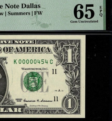 1999 $1 Federal Reserve Note Low 3 digit Serial Number Dallas K00000454C PMG 65 - Image 1 of 4