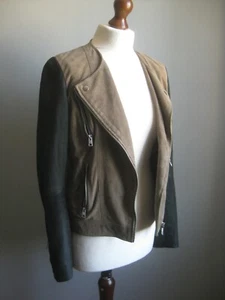 ALLSAINTS LEATHER JACKET 10 ORACLE BIKER distressed khaki black aviator soft - Picture 1 of 22