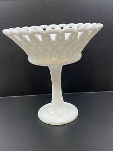 Vintage Fenton White Milk Glass Pedestal Fruit Bowl Candy Dish Lace Reticulated