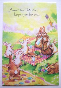 Rabbit picnic kite flying glitter unsigned vintage Easter greeting card *TT2 - Picture 1 of 3