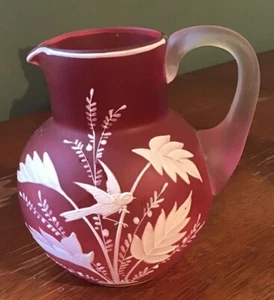 ATTR. PHOENIX CRANBERRY SATIN GLASS PITCHER ENAMELED FLOWERS LEAVES BIRD 4.5” - Picture 1 of 6