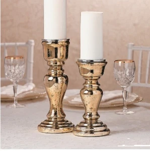 Elegant Gold Color Mercury Glass Pillar Candle Holders (2-PC Set) Holds 3"Dia  - Picture 1 of 4