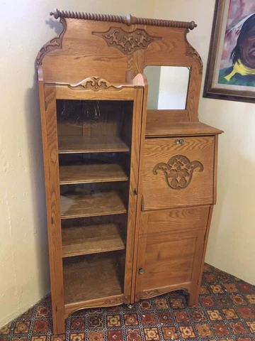 Antique Oak Secretary Drop Down Desk Glass Bookcase/Curio Cabinet Excellent Cond Cover