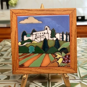 Vintage California Mission handgefertigter 7 1/2" quadratischer Keramikfliesenuntersetzer Holzrahmen - Bild 1 von 5