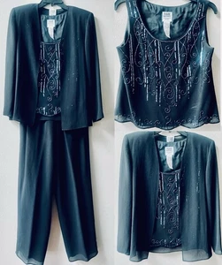 R&M RICHARDS MOTHER of BRIDE/GROOM 3pc.SUIT BLACK CHIFFON WOMENS 10 PETITE - Picture 1 of 11