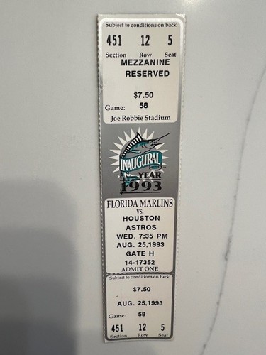 A vintage baseball ticket from the Marlins' inaugural season