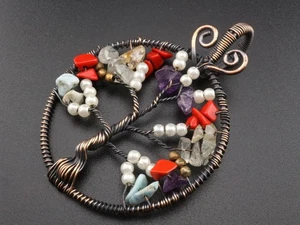 GJ69 MULTI STEIN ANHÄNGER LEBENS- BAUM  VERSPIELT  KUPFER XXL ANHÄNGER +KETTE /  - Bild 1 von 3