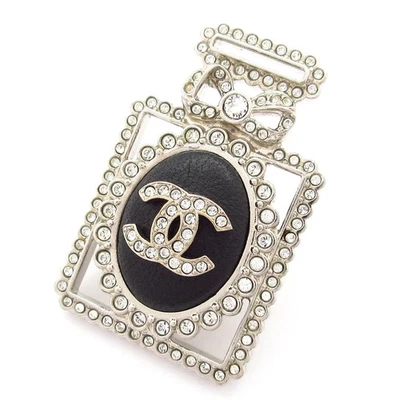 Auth CHANEL Coco - Silver Clear Black Hardware Rhinestones Leather Brooch - Image 1 of 4