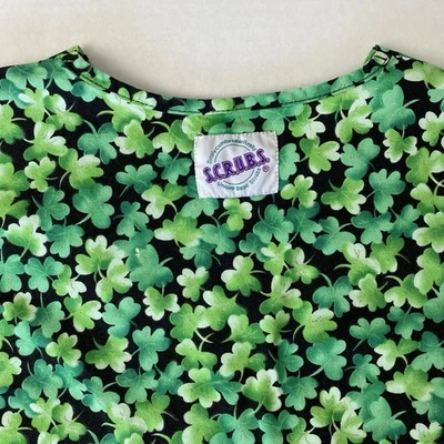 S.C.R.U.B.S. Scrub Top Size Large St Patrick's Day Black Green Clover Print - Image 1 of 4