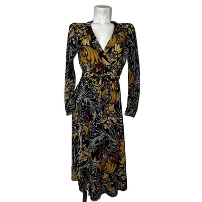 Vestido ZARA Preto Dourado Borgonha Estampa Floral LS Envoltório Costas Abertas Midi Feminino P - Imagem 1 de 4