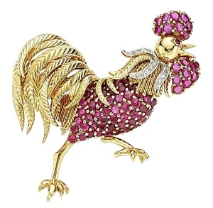 Spilla Gallo In Rubino E Diamante In Oro Giallo 18k E Platino Tiffany & Co. - Foto 1 di 3