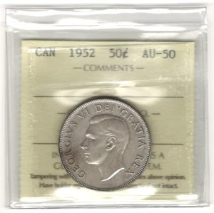 1952 CANADA SILVER 50 CENTS - ICCS CERTIFIED AU50 - KING GEORGE VI HALF DOLLAR - Picture 1 of 5