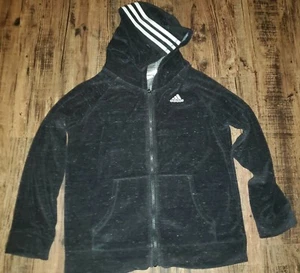 Adidas Velour Black Hoodie Sweat Shirt Jacket Size M 10-12 8-10 - Picture 1 of 4
