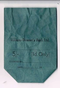 BOLSA DE MONEDAS DE PAPEL USADA WILLIAMS DEACON BANK LIMITED 5/- 1d solamente - Azul - Imagen 1 de 1