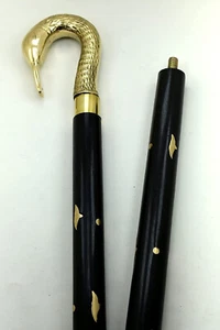 37"Antique Brass Swan Haed Handle Vintage Black 3 Fold Wooden Walking Stick Cane - Picture 1 of 8