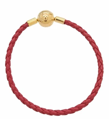 Auténtico Brazalete Pandora 568777C01 Chapado en Oro 14K Cuero Tejido Rojo Dije Foto 1 de 3
