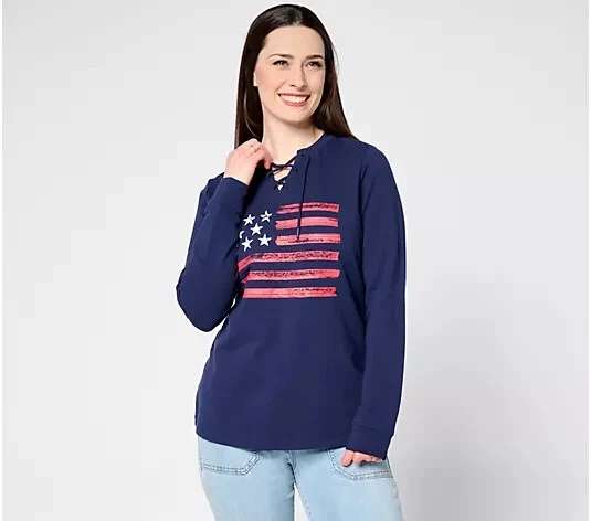 Denim & Co. Active Americana Flag French Terry Sweatshirt Navy Small A648427 - Image 1 of 1