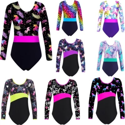 FEESHOW iEFiEL Niña Bloque de color Traje de gimnasia Manga Larga Brillante Gimnasia Camiseta Cuerpo de baile