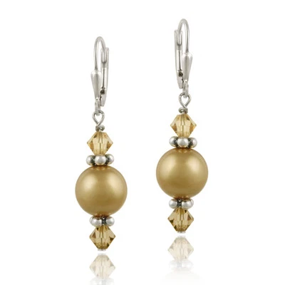 925 Silver Gold Crystal Pearl Elements Dangle Leverback Earrings - Image 1 of 3