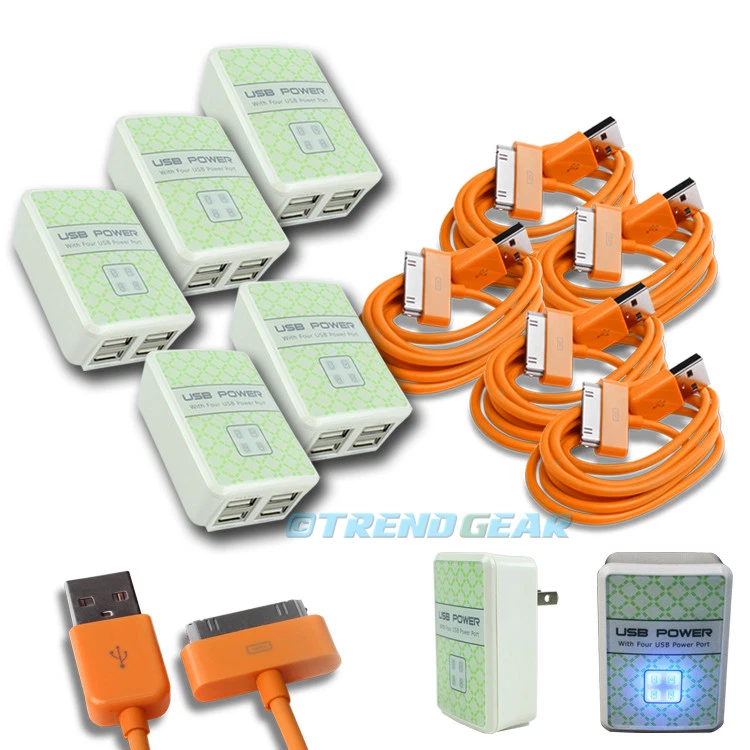 5X 4 USB PORT WALL ADAPTER+6FT CABLE POWER CHARGER ORANGE FOR IPHONE IPOD IPAD - Image 1 of 1
